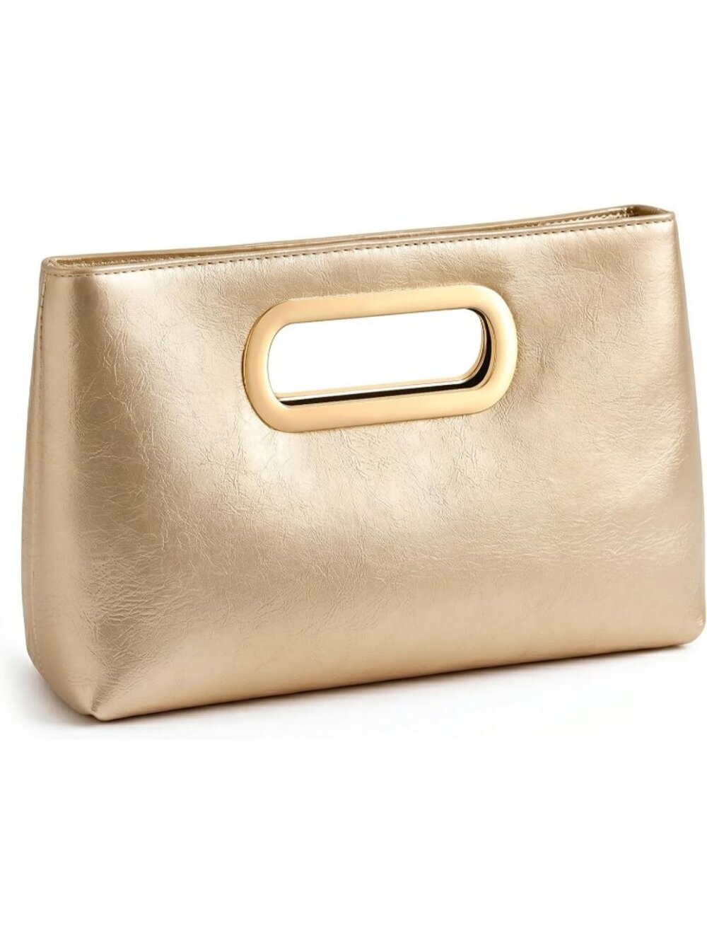 Women Gold Clutch Handbag Modern Faux Leather with Metal Handle Evening Bag